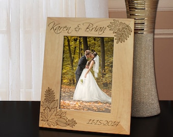 Autumn Leaves Fall Wedding Inspired Picture Frame Engraved with Text and Font Selection (Select Size and Frame Orientation)