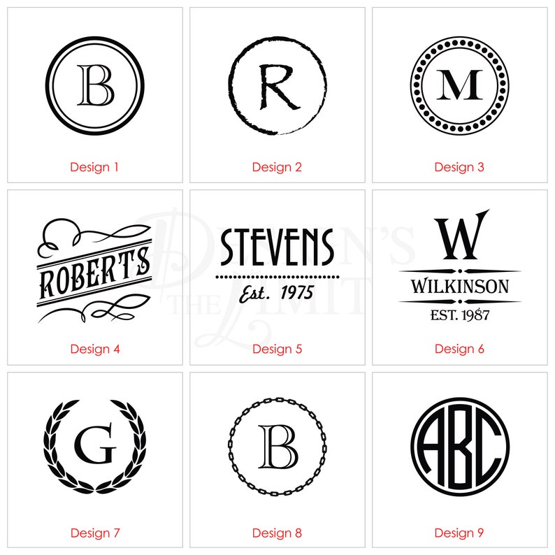 Pode incluir: Nove designs de monogramas diferentes para um logotipo personalizado. Os designs incluem um c&iacute;rculo simples com uma letra dentro, um c&iacute;rculo com uma letra dentro e uma borda decorativa, um c&iacute;rculo com uma letra dentro e uma coroa, um nome com uma borda decorativa, um nome com uma borda decorativa e uma data de estabelecimento, um nome com uma borda decorativa e uma data de estabelecimento, um c&iacute;rculo com uma letra dentro e uma borda de corrente, e um c&iacute;rculo com iniciais dentro.