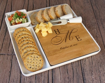 Personalized Ceramic Serving Platter with Nested Bamboo Cutting Board, Ceramic Bowl, and Cheese Tools with Monogram Options (Each)