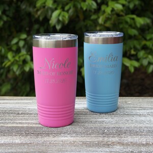Personalized Stainless Steel Vacuum Insulated Travel Mugs Engraved with Bridal Party Design Options (Each)