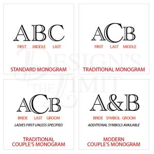 Pode incluir: Diagrama mostrando quatro estilos diferentes de monogramas: padr&atilde;o, tradicional, tradicional para casais e moderno para casais. Cada estilo mostra o posicionamento das iniciais do primeiro nome, do segundo nome e do sobrenome, ou as iniciais da noiva, do s&iacute;mbolo e do noivo.
