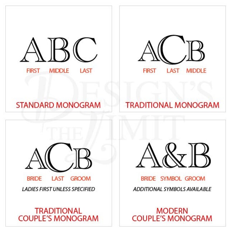 Pode incluir: Diagrama mostrando quatro estilos diferentes de monogramas: padr&atilde;o, tradicional, tradicional para casais e moderno para casais. Cada estilo mostra o posicionamento das iniciais do primeiro nome, do segundo nome e do sobrenome, ou as iniciais da noiva, do s&iacute;mbolo e do noivo.