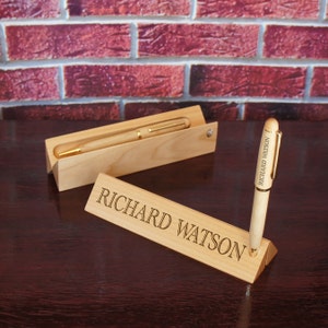 Folding Maplewood Personalized Nameplate and Pen Holder Engraved with Font Selection ADD Personalized Twist Pen or Pencil Optional