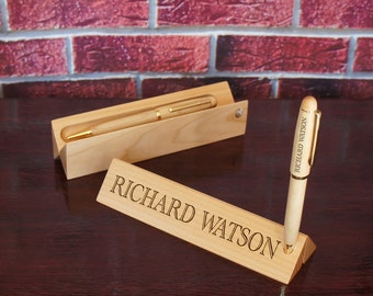 Folding Maplewood Personalized Nameplate and Pen Holder Engraved with Font Selection ADD Personalized Twist Pen or Pencil Optional