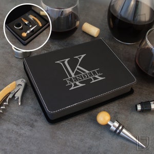 Personalized Wine Tool Set including Corkscrew, Wine Pour, Foil Cutter, & Bottle Stopper Engraved with Monogram Design Options (Gift Set)