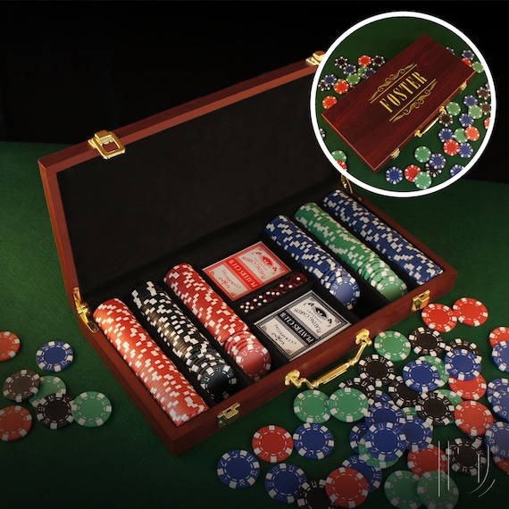 Personalized Poker Gift Set with Cards, Chips, & Dice including Engraved Case with Monogram Design Options (Each) See Additional Images