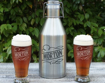 Gift Set: Personalized Growler and Beer Glass Gift Set with Engraved Stainless Steel Growler & Two Monogrammed Stout Pilsner Glasses