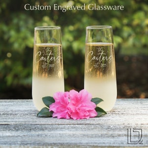 Personalized Stemless Champagne Toasting Flutes with Mr & Mrs Monogram Design Options Set of Two Frosted Base Option Shown image 1