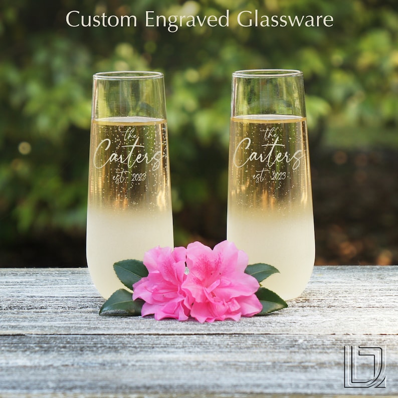 Personalized Stemless Champagne Toasting Flutes with Mr & Mrs Monogram Design Options Set of Two Frosted Base Option Shown image 1