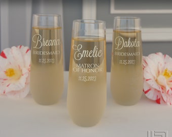 Personalized Stemless Champagne Flutes Engraved with Bridal Monogram Design Options with Font Selection & Optional Sand-Frosted Bowl (Each)