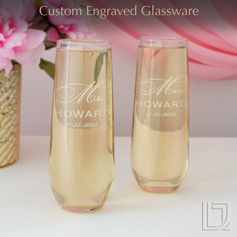 Personalized Stemless Champagne Toasting Flutes with Mr & Mrs Monogram Design Options Set of Two Frosted Base Option Shown image 4