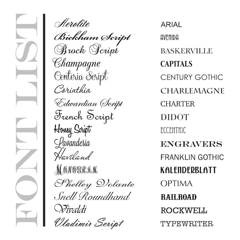 May include: A list of fonts in black text on a white background. The fonts are listed in two columns. The left column is labeled "FONT LIST". The right column lists the fonts in alphabetical order.