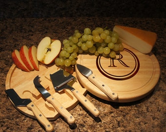 Large Cheese Board and Cheese Tool Set Custom Engraved with Monogram Options & Font Selection (Each - 10" Diameter) See Additional Images