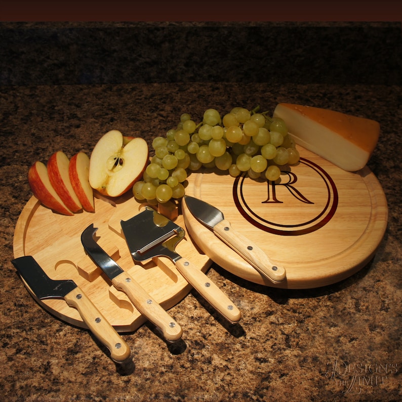 Large Cheese Board and Cheese Tool Set Custom Engraved with Monogram Options & Font Selection Each 10 Diameter See Additional Images DESIGN SHOWN