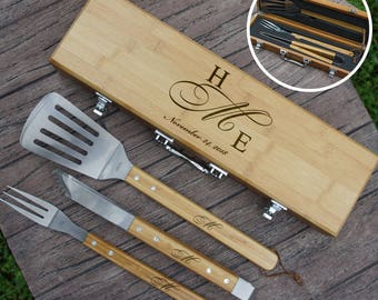 Personalized BBQ Tool Set with Engraved Case including Couple's Monogram Design Options & Monogrammed Tool Handle Options (Gift Set)