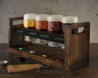 Personalized Beer Flight Sampler with Monogram Design Options for Engraving including Chalkboard Panel & Soapstone Pencil (Each) See Images