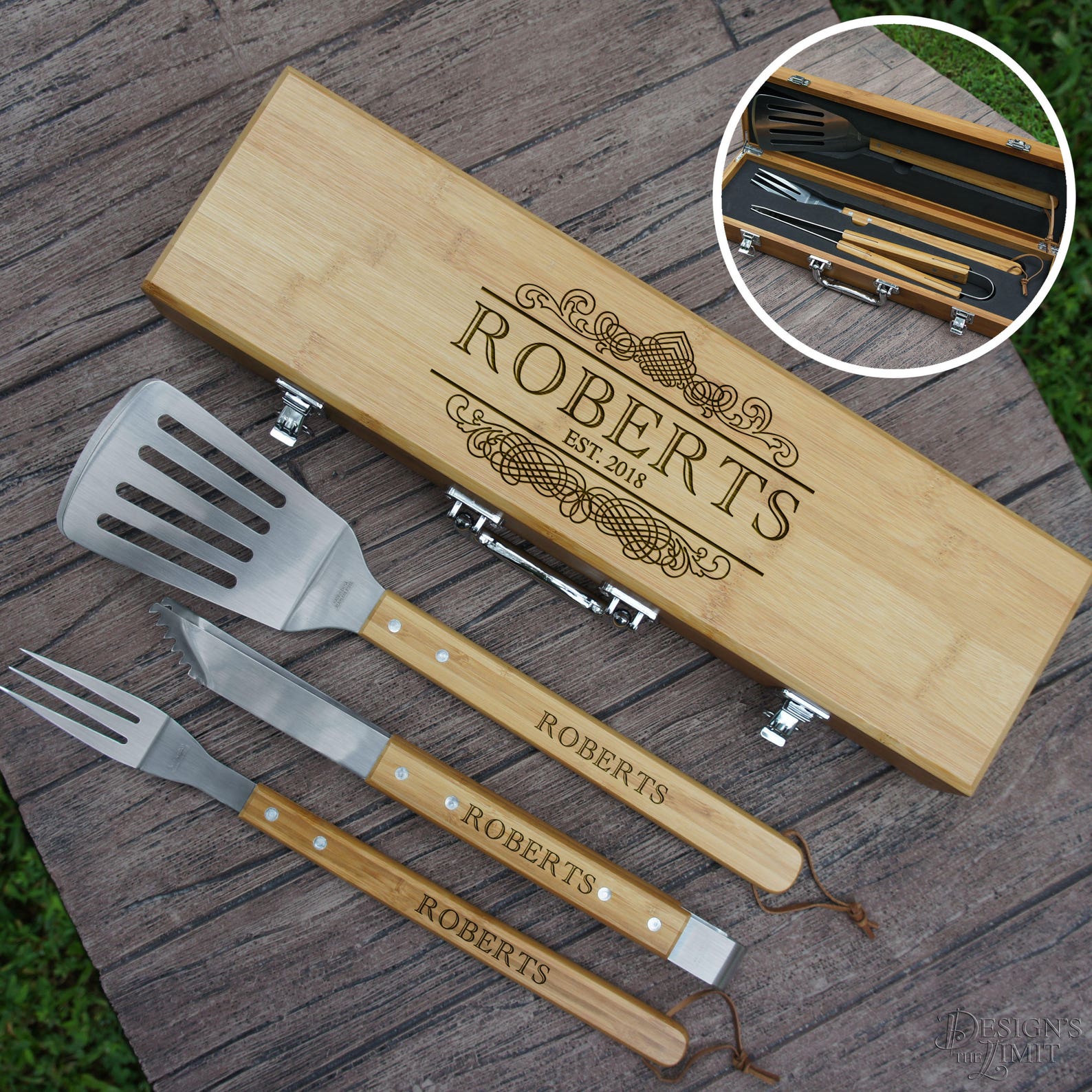 Personalized BBQ Tool Set Engraved With Family Monogram Design Etsy