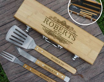 Personalized BBQ Tool Set Engraved with Family Monogram Design Options Options (Each w/ Three Piece Bamboo BBQ Tool Set in Case)