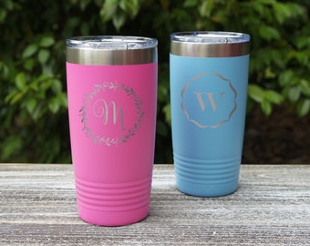 Personalized Stainless Steel Vacuum Insulated Travel Mugs Engraved with Monogram Design Options (Each)