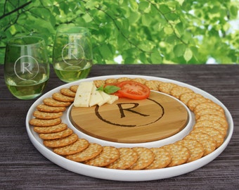 Personalized Cutting Board & Ceramic Serving Platter Combo with Engraved Monogram Design Options (Each - 13" Diameter) See Additional Images