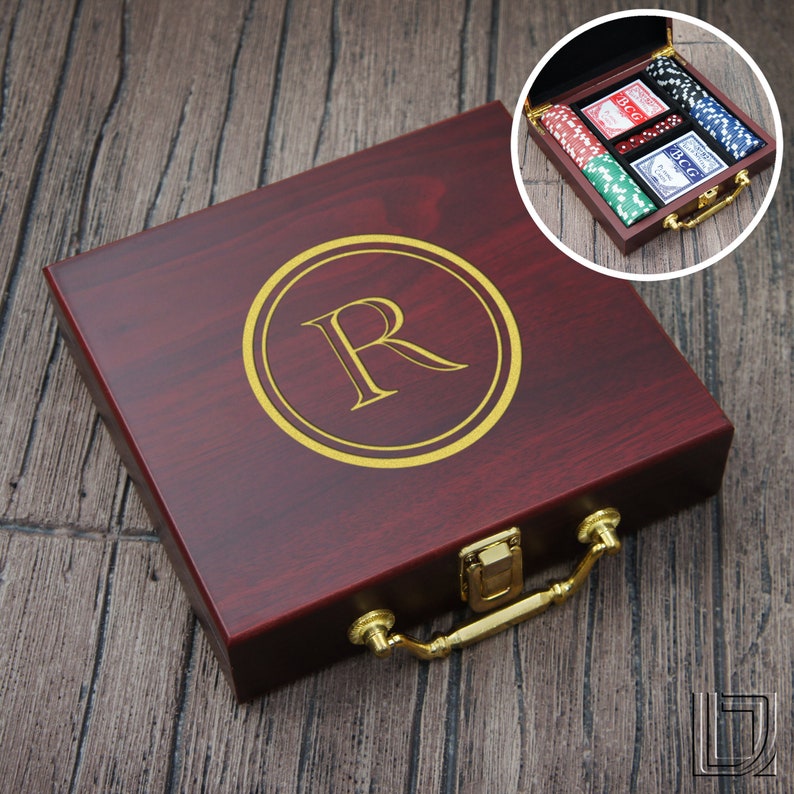 Personalized Poker Gift Set with Cards, Chips, & Dice including Engraved Case with Monogram Design Options Each See Additional Images image 3