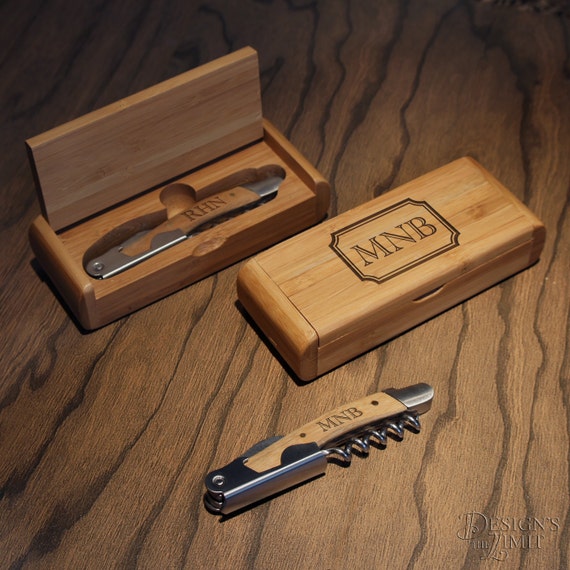 Personalized Wine Corkscrew & Beer Bottle Opener Tool Set in Bamboo Case with Monogram Design Options and Font Selection (Each)