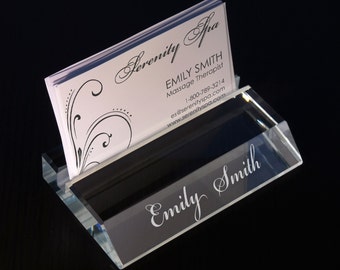 Personalized Glass Business Card Holder Engraved with Choice of Any Font From Our Selection (Each)