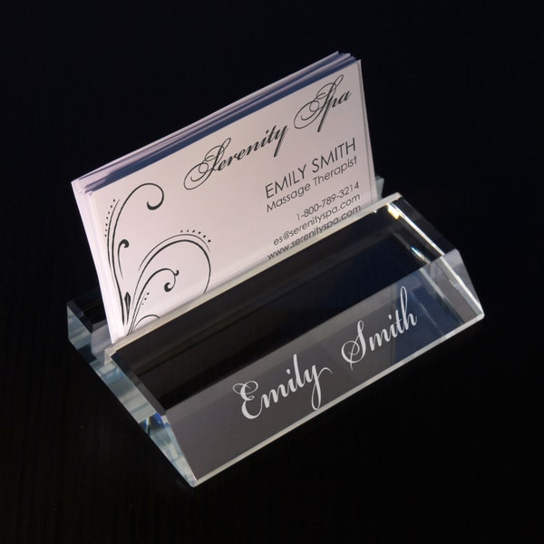 Personalized Glass Business Card Holder Engraved with Choice of Any Font From Our Selection (Each)