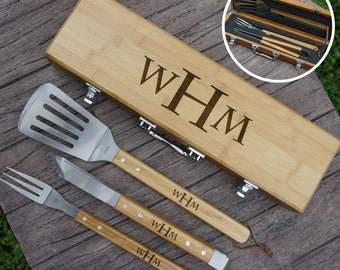 Personalized BBQ Tool Set Engraved with Font Selection and Monogram Design Options (Each w/ 3 Piece Bamboo Tool Set in Case)