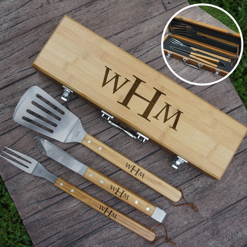 Personalized BBQ Tool Set Engraved with Font Selection and Monogram Design Options Each w/ 3 Piece Bamboo Tool Set in Case MAIN IMAGE DESIGN