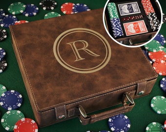 Personalized Poker Gift Set with Cards, Chips, & Dice including Engraved Case with Monogram Design Options (Each)