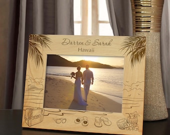 Island Retreat Inspired Personalized Picture Frame Engraved with Your Vacation Text and Font Selection (Select Size and Frame Orientation)