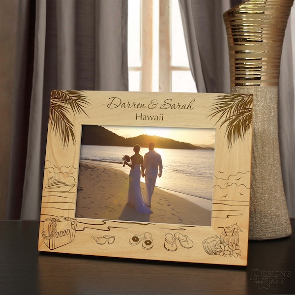 Island Retreat Inspired Personalized Picture Frame Engraved with Your Vacation Text and Font Selection (Select Size and Frame Orientation)