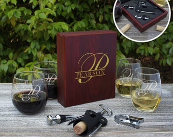 Personalized Wine Gift Set including Rosewood Wine Tool Set Engraved with Design Options & Optional Stemless Wine Glasses (Set)