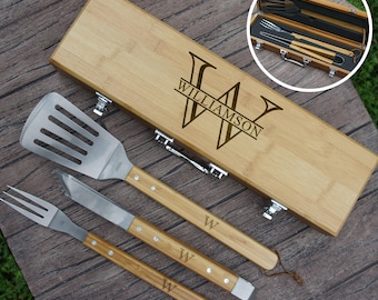 Personalized BBQ Tool Set Engraved with Overlapping Monogram Design Options (Each w/ Three Piece Bamboo BBQ Tool Set in Case)