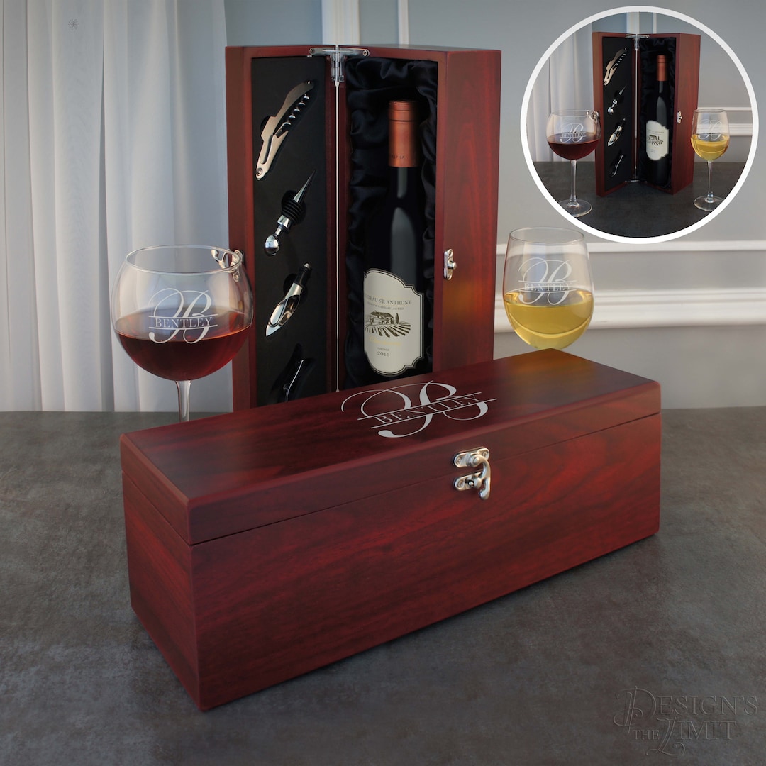 Personalized Rosewood Wine Gift Set Engraved Case With Print or Script Overlapping Monogram ...