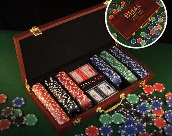 Personalized Poker Set with Cards, Chips, & Dice including Engraved Case with Groomsman Wedding Party Monogram Design Options (Each)
