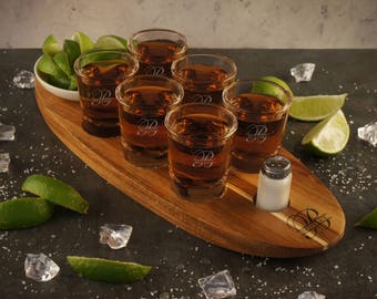Personalized Tequila Flight with Overlapping Monogram Design Options (Includes Six 2 oz. Shot Glasses, Mini-Salt Shaker, and Ceramic Dish)
