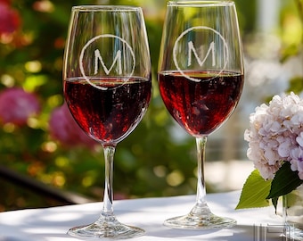 Monogrammed Wine Glass Engraved with Any Combination of Our Designs & Font from our Selection (18 oz, Each)