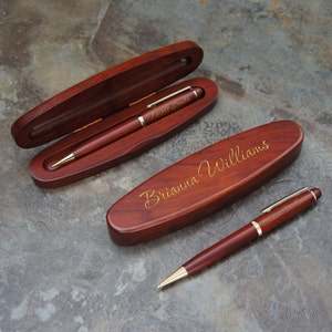 Personalized Rosewood Oval Pen Set with Engraved Pen Case and Optional Choice of Personalized Twist Ballpoint Pen or Mechanical Pencil