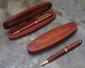 Personalized Rosewood Oval Pen Set with Engraved Pen Case and Optional Choice of Personalized Twist Ballpoint Pen or Mechanical Pencil