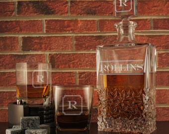 Personalized Crystal Decanter Engraved with Monogrammed Stopper in Available Design Options and Font Selection (100 Percent Lead-Free))