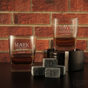 Personalized Rocks Glasses Engraved with Groomsman Monogram Design Option or Choice of Font from Our Selection (Each with Options)