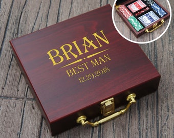 Personalized Poker Set with Cards, Chips, & Dice including Engraved Case with Groomsman Wedding Party Monogram Design Options (Each)