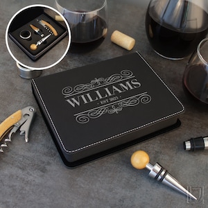 Personalized Wine Tool Set including Corkscrew, Wine Pour, Foil Cutter, & Bottle Stopper Engraved with Monogram Design Options (Gift Set)