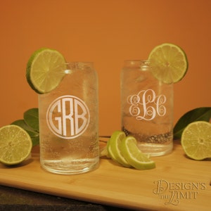 Personalized Glass Can Engraved with Monogram Design Options and Font Selection (Each)