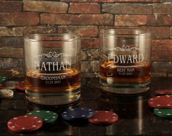 Old Fashioned Personalized Whiskey Tumbler with Groomsman Monogram Designs & OPTIONAL Monogrammed Shot Glass and Engraved Whiskey Stones
