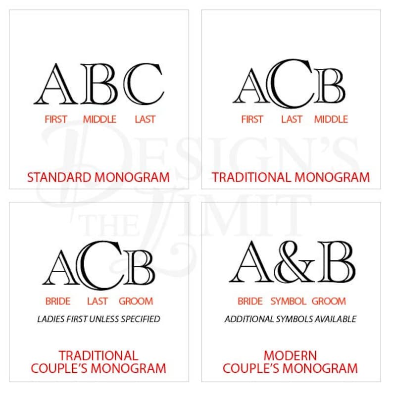 May include: Diagram showing four different monogram styles: standard, traditional, traditional couple's, and modern couple's. Each style shows the placement of first, middle, and last initials, or bride and groom initials.