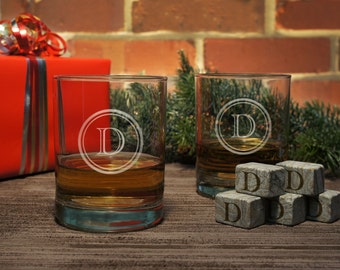 Old Fashioned Gift Set: Personalized Lowball or Highball Tumbler with Ice Stones or Monogrammed Ice Stones with Gift Pouch (EACH)