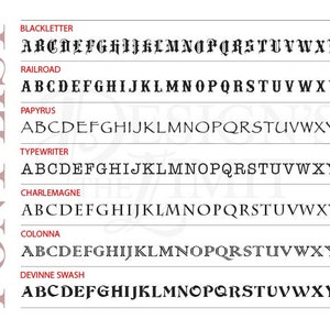 Pode incluir: Uma lista de diferentes estilos de fonte com o alfabeto em cada estilo. Os estilos de fonte s&atilde;o Blackletter, Railroad, Papyrus, Typewriter, Charlemagne, Colonna e Devinne Swash.